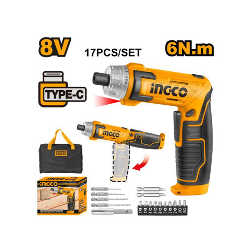 Picture of SCREWDRIVER CORDLESS 8V USB TYPE C CABLE 6NM WITH 10 BITS & HOLDER, 4 HIGH SPEED STEEL (HSS) DRILL BITS WITH HEX SHANK & 2 LONG BITS  INGCO