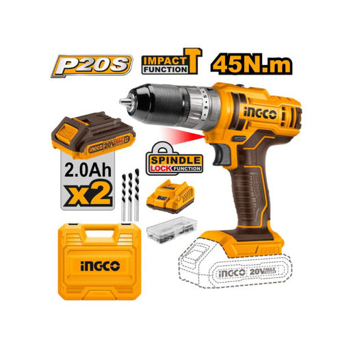 Picture of DRILL 20V PS CORDLESS IMPACT 45NM WITH 2 BATTERIES 2.0AH, CHARGER, 3 MASONRY DRILL BITS & 47 ACCESSORIES INGCO