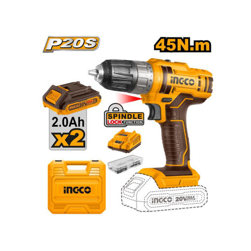 Picture of INGCO 20V PS+CORDLESS DRILL 45NM 2 BATTERY KIT IN BOX