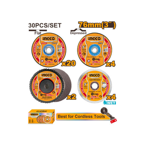 Picture of CUTTING & GRINDING SET: 20 METAL CUTTING DISCS, 4 METAL GRINDING DISCS, 4 WET DIAMOND DISCS & 2 FLAP DISCS 76MM Q:30 INGCO