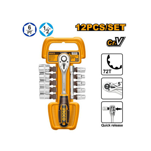 Picture of SOCKET HEX SET: 1/2" DRIVE 10, 11, 12, 13, 14, 15, 17, 19, 21, 24MM, RATCHET& EXTENSION BAR Q:12 INGCO