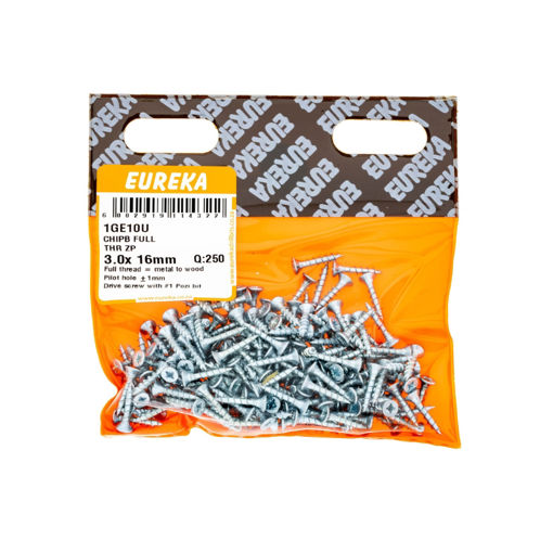 Picture of CHIPBOARD SCREW FULL THREAD ZINC PLATED 3.0X16MM Q:250 EUREKA