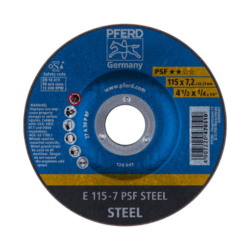 Picture of GRINDING DISC DIY GRADE (PSF) DEPRESSED CENTRE (E) STEEL 115X7.0MM Q:10 PFERD