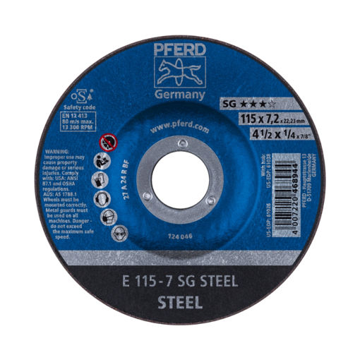 Picture of GRINDING DISC INDUSTRIAL GRADE (SG) DEPRESSED CENTRE (E) STEEL 115X7.0MM Q:10 PFERD