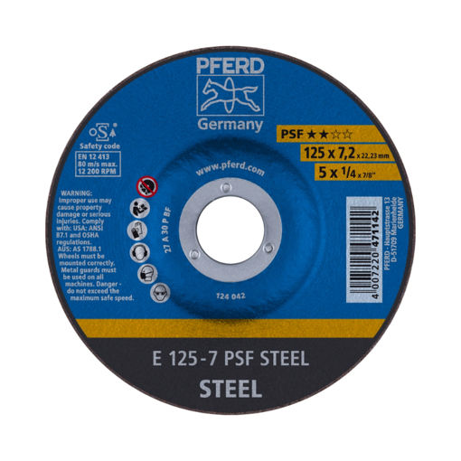 Picture of GRINDING DISC DIY GRADE (PSF) DEPRESSED CENTRE (E) STEEL 125X7.0MM Q:10 PFERD