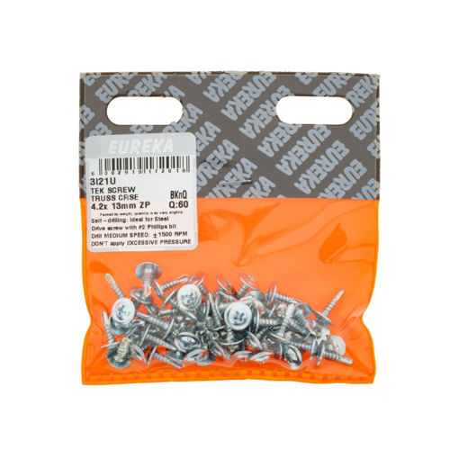 Picture of ROOF SCREW WAFER HEAD STEEL CLASS 3 ZINC PLATED 4.2X13MM Q:60 EUREKA