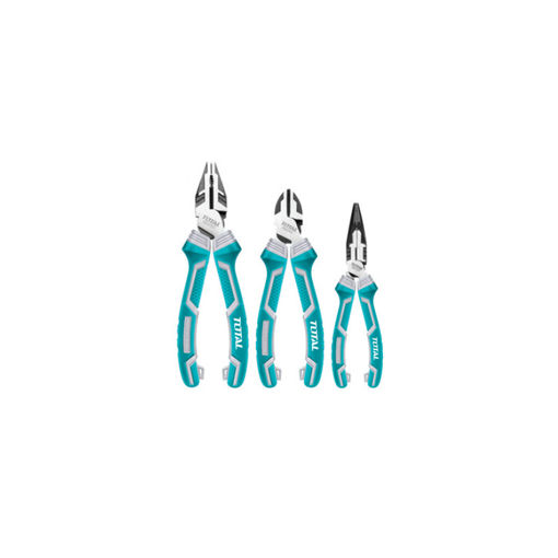 Picture of PLIERS SET: HIGH LEVERAGE PLIERS COMBINATION 200MM/8", PLIERS DIAGONAL CUTTING 180MM/7" AND PLIERS LONG NOSE 160MM/6" Q:3 TOTAL TOOLS RENTTECH