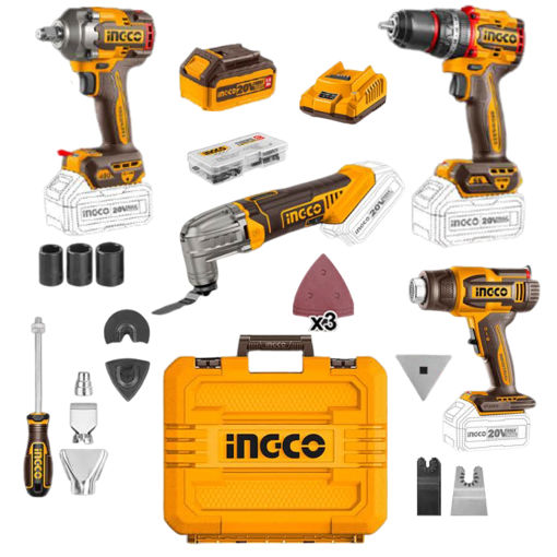 Picture of IMPACT WRENCH 400NM, IMPACT DRILL 66NM, HEAT GUN <(>&<)> MULTI-TOOL, ALL 20V PS CORDLESS WITH 2 BATTERIES 5.0AH <(>&<)> CHARGER <(>&<)> 68 PIECE ACCESSORIES IN PLASTIC CASE INGCO   