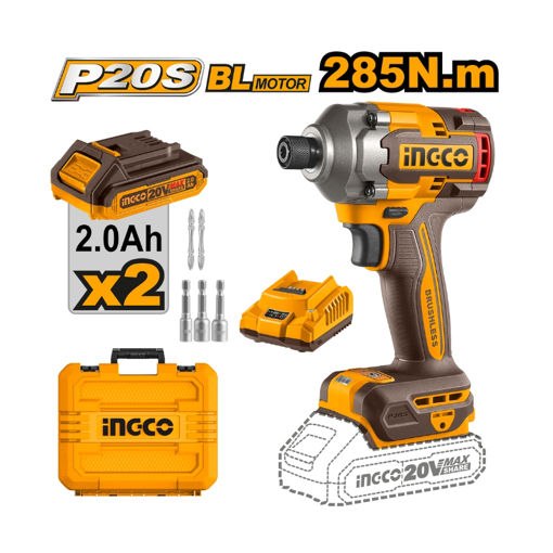 Picture of DRIVER 20V PS CORDLESS 285NM IMPACT BRUSHLESS 6.35MM HEX SHANK WITH 2 BATTERIES 2.0AH, CHARGER, 2XSCREWDRIVER BITS and 3 NUTSETTERS INGCO