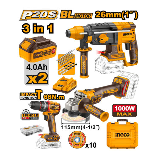 Picture of ANGLE GRINDER 115MM, IMPACT DRILL 66NM & 28MM ROTARY HAMMER DRILL SDS
PLUS ALL 20V PS CORDLESS WITH 2 BATTERIES 4.0AH & CHARGER, 10