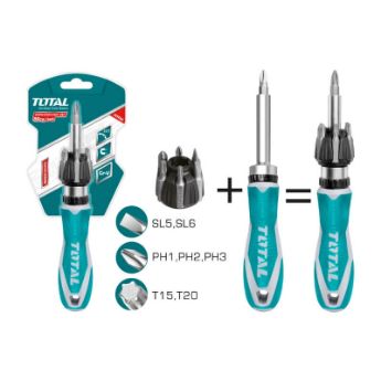 Picture of SCREWDRIVER RATCHET SET: 1 X RATCHET SCREWDRIVER HANDLE AND 7 X SCREWDRIVER BITS SL5, SL6, PH1, PH2, PH3, T15 Q:8 TOTAL TOOLS